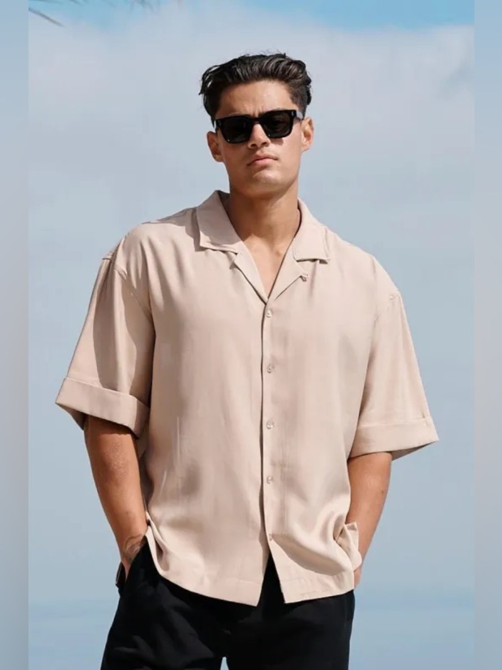 YoungLA mens beige solid viscose resort style camp collar button up shirt EuC